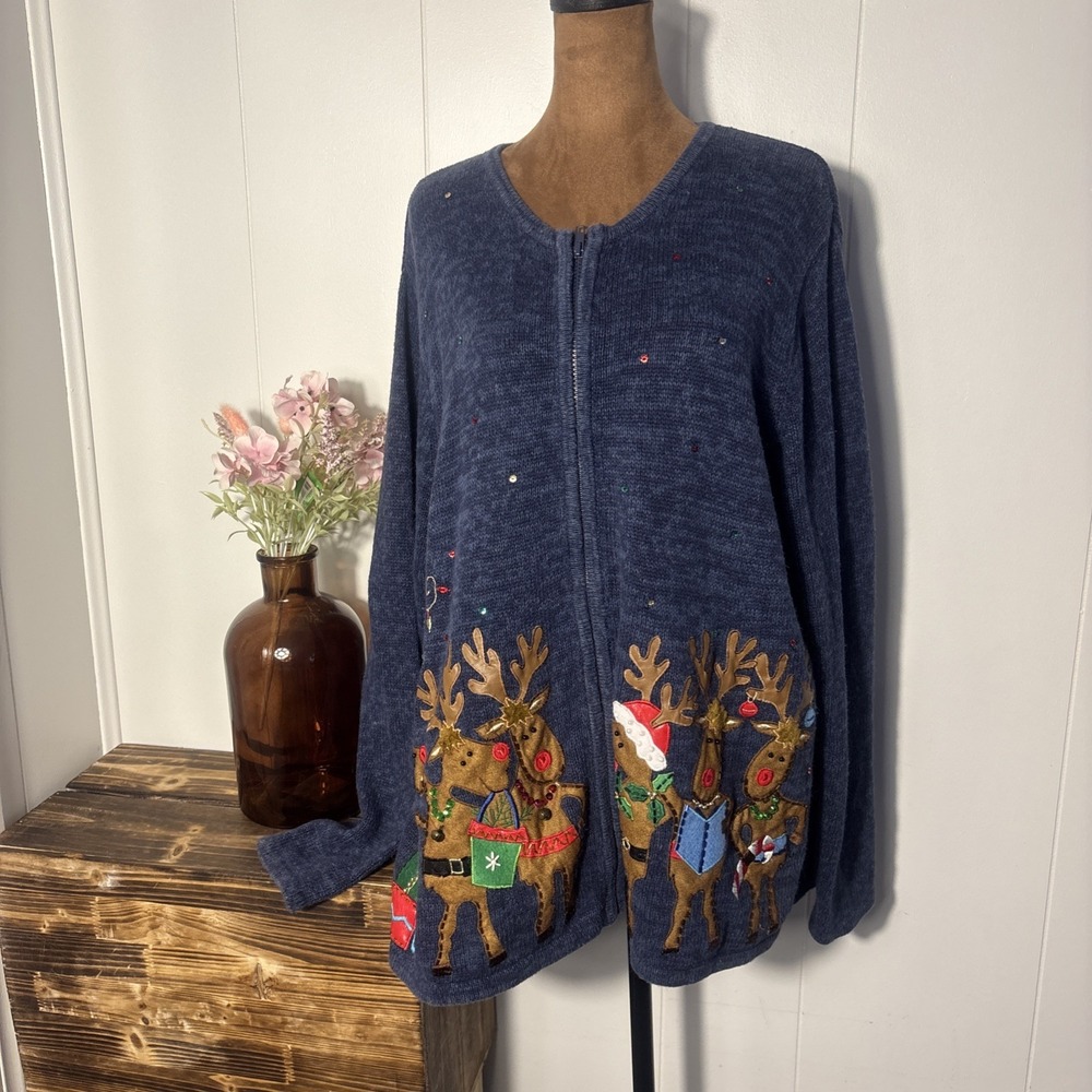 Christmas Ugly Sweater women's Blue full zip Reindeer Vintage Sz X-Large